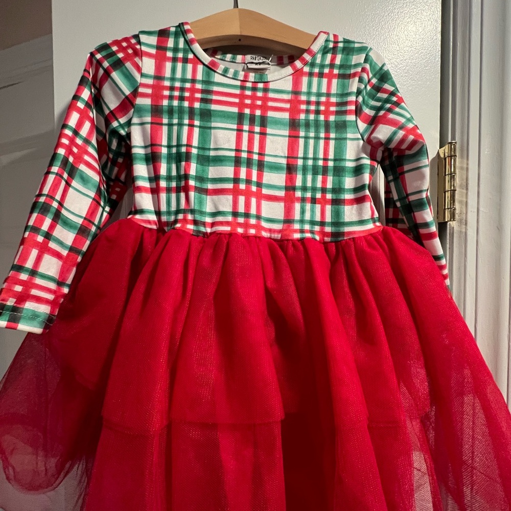 Plaid Holiday Dress with Red Tulle Skirt